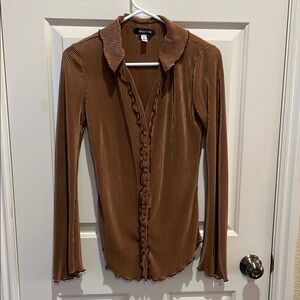 Brown Ribbed Button-Up Top